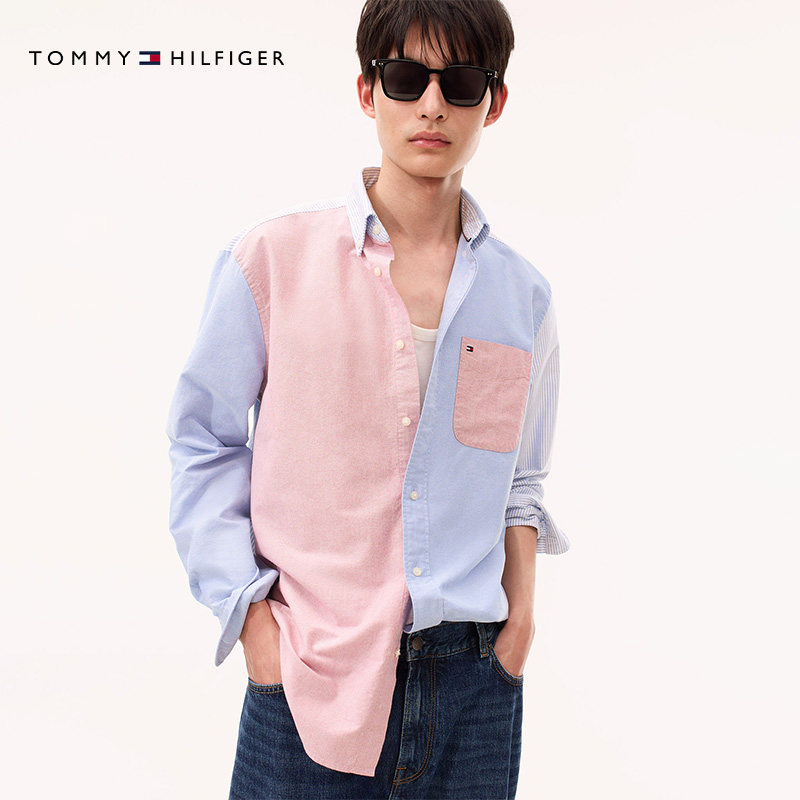 Tommy春夏男装纯棉牛津纺休闲通勤拼色条纹宽松长袖衬衣衬衫外套
