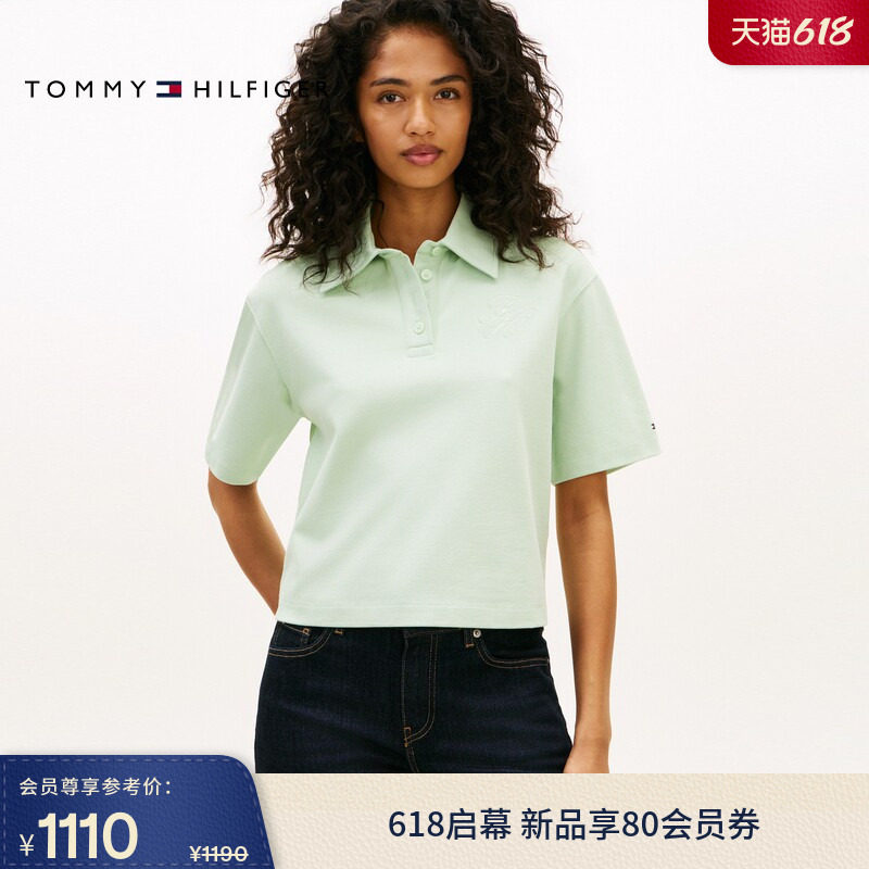 Tommy26春夏新款女装优雅通勤花体刺绣四粒扣宽松短袖T恤POLO衫