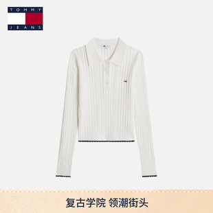Tommy26秋冬新款女装复古甜美撞色花边绞花肌理修身POLO针织衫