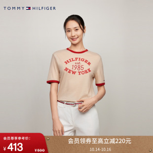 Tommy春夏女美式 T恤上衣 学院风复古字母印花镶边圆领内搭针织短袖