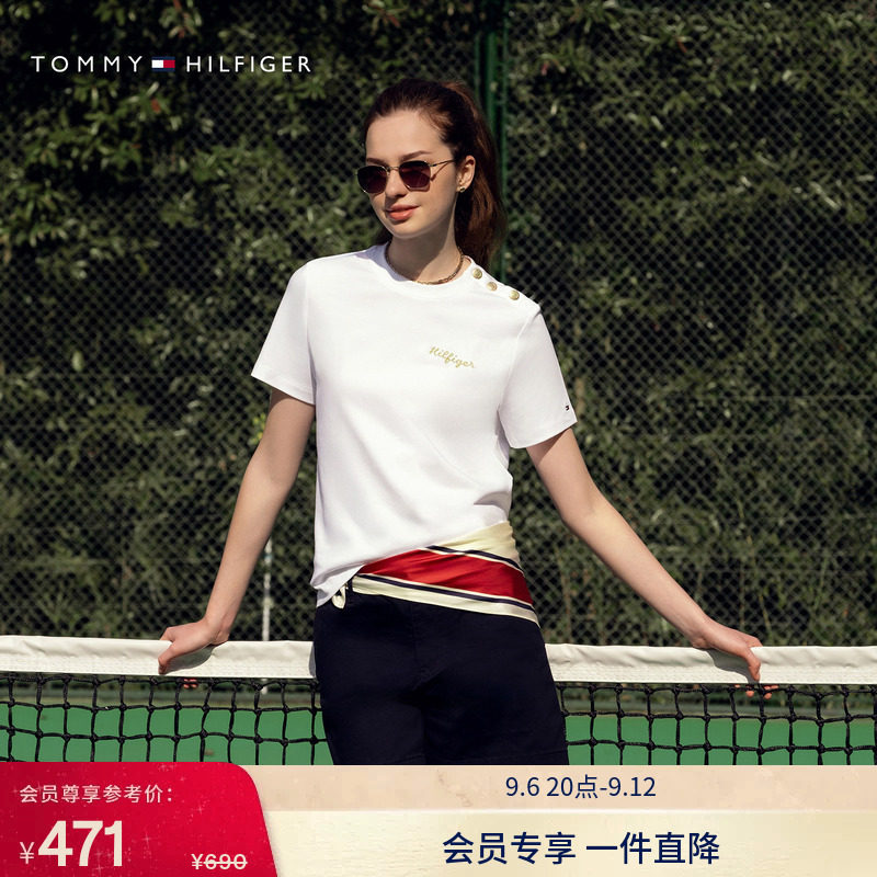Tommy26春夏新款女装纯棉双面布刺绣金属肩扣纯色条纹圆领短袖T恤