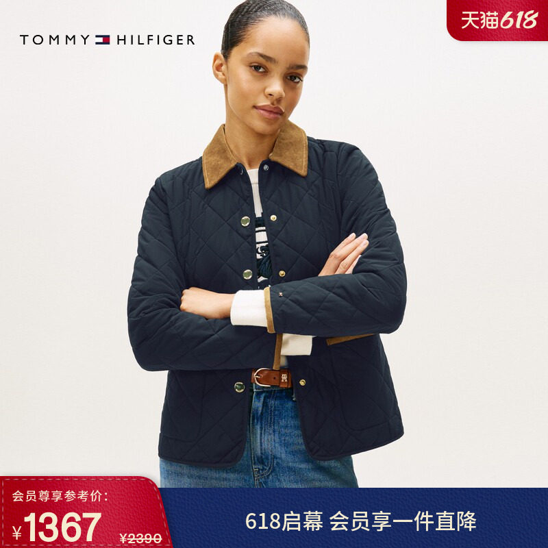 【防水】Tommy秋冬女装巴恩风轻薄菱格灯芯绒翻领收腰棉服外套