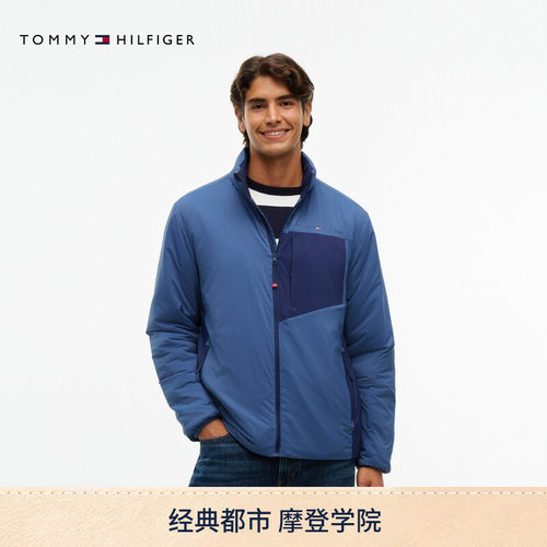 Tommy男装撞色拼接连帽棉服外套