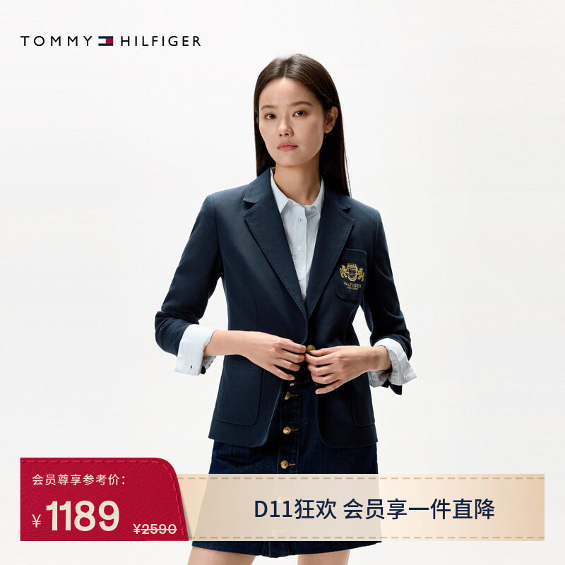Tommy秋冬女装商务休闲职场狮标刺绣单粒扣修身翻领西装西服外套