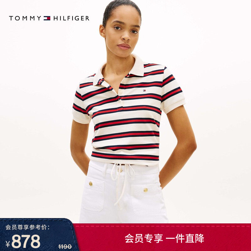 Tommy26春夏女装时尚潮流抽绳下摆休闲条纹四粒扣短袖T恤POLO衫