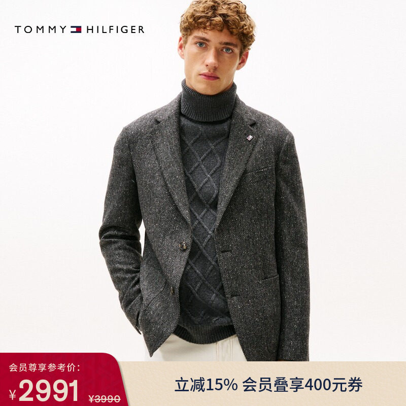 Tommy秋冬男装羊毛混纺商务绅士风休闲人字纹翻领西服西装外套