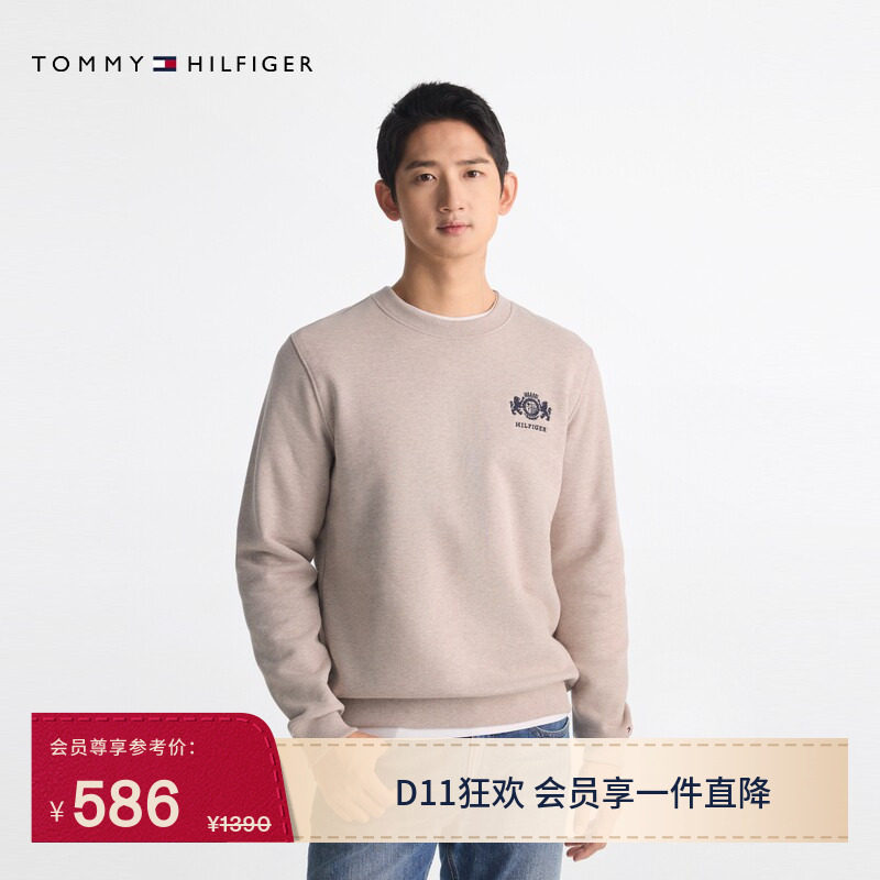 Tommy秋冬男装纯棉潮流美式休闲磨毛徽章刺绣圆领运动套头衫卫衣