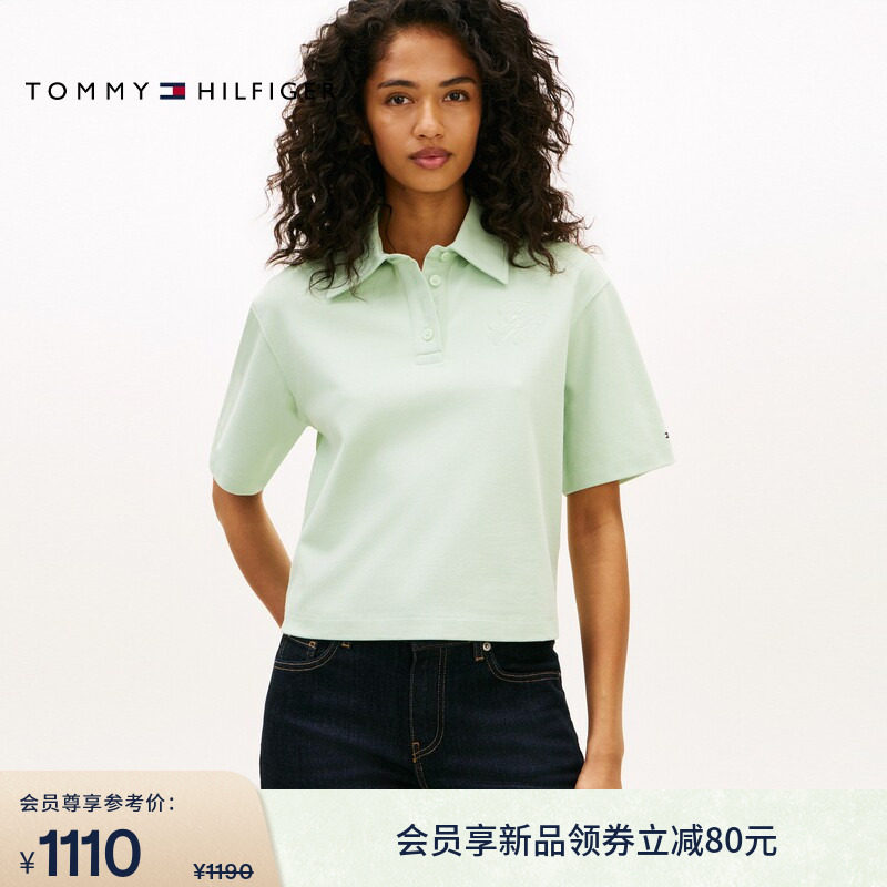 Tommy26春夏新款女装优雅通勤花体刺绣四粒扣宽松短袖T恤POLO衫