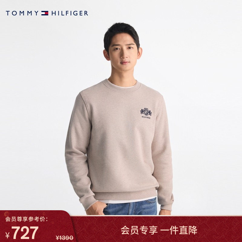 Tommy秋冬男装纯棉潮流美式休闲磨毛徽章刺绣圆领运动套头衫卫衣