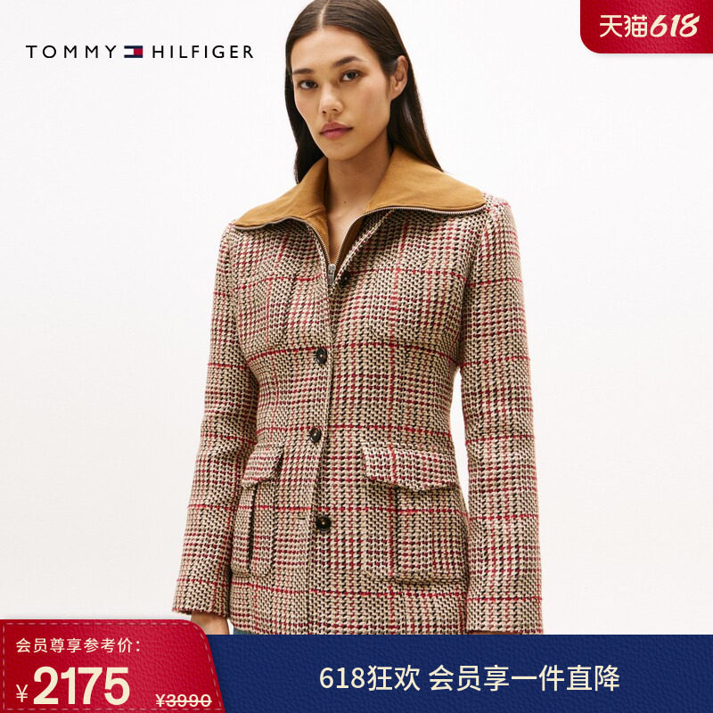 Tommy秋冬女装含羊毛休闲通勤复古格纹粗花呢正肩修身西装外套