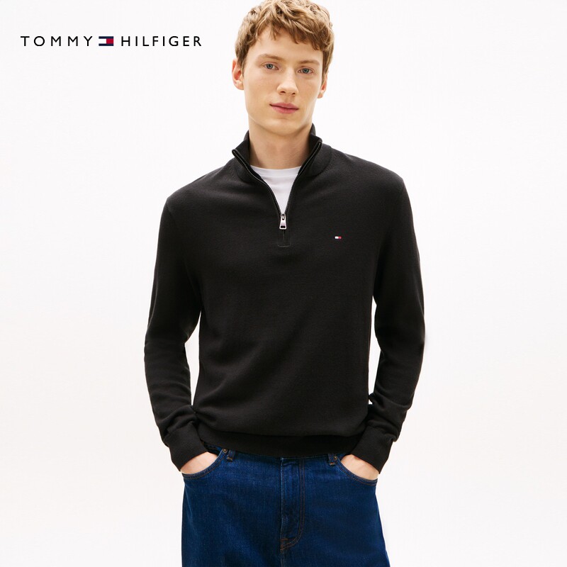 Tommy26秋季新款男装棉羊绒混纺商务休闲半拉链纯色立领针织衫