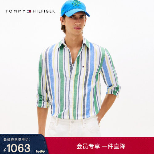 Tommy男装亚麻混纺条纹度假衬衫