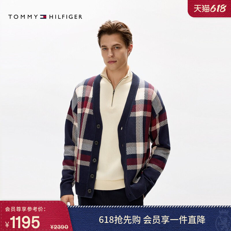 Tommy秋冬男装纯棉复古休闲拼色格纹纽扣V领慵懒风针织开衫外套