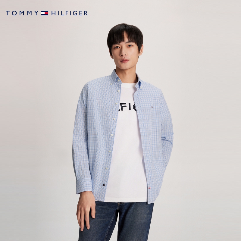 Tommy男装府绸格纹商务通勤衬衫