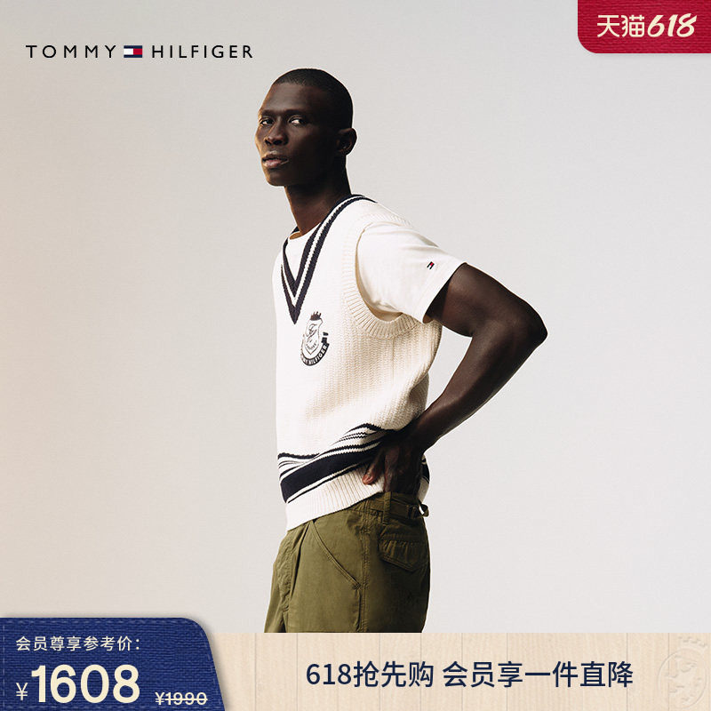 Tommy26春夏新款男装美式学院风徽章刺绣撞色V领宽松针织衫背心