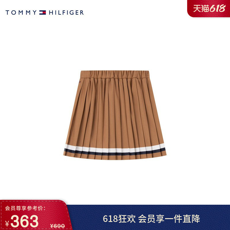 Tommy春夏童装女休闲美式学院风运动半松紧腰拼色百褶A字半身裙