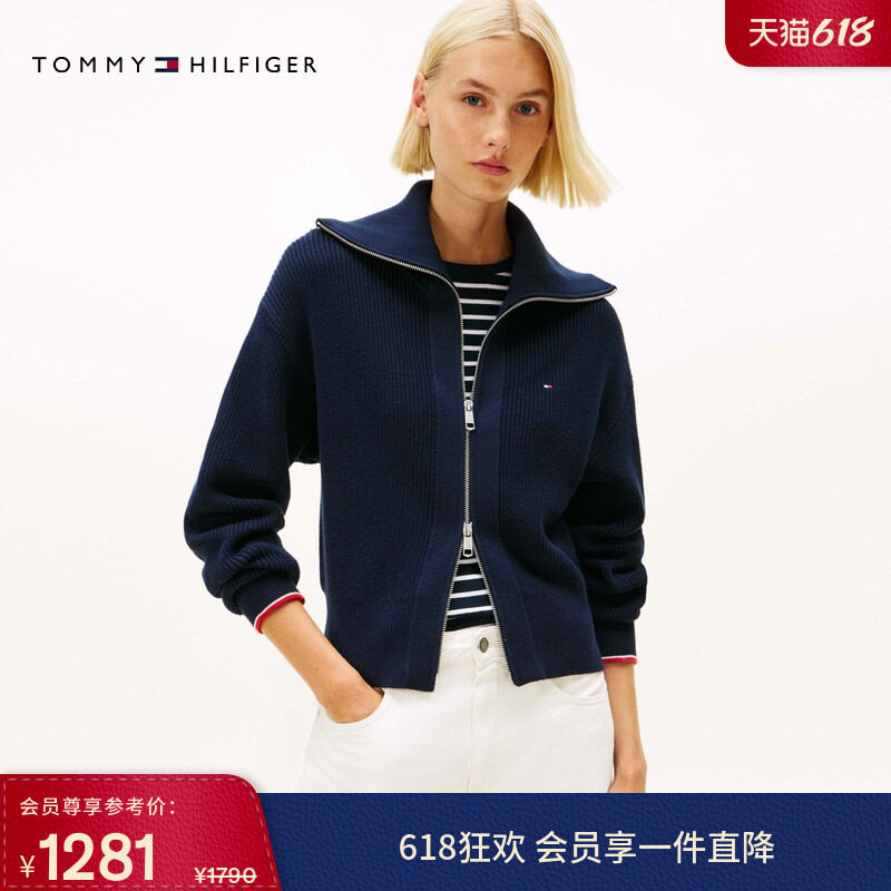 Tommy26春夏新款女休闲通勤镶边袖口双拉链翻领宽松针织开衫外套
