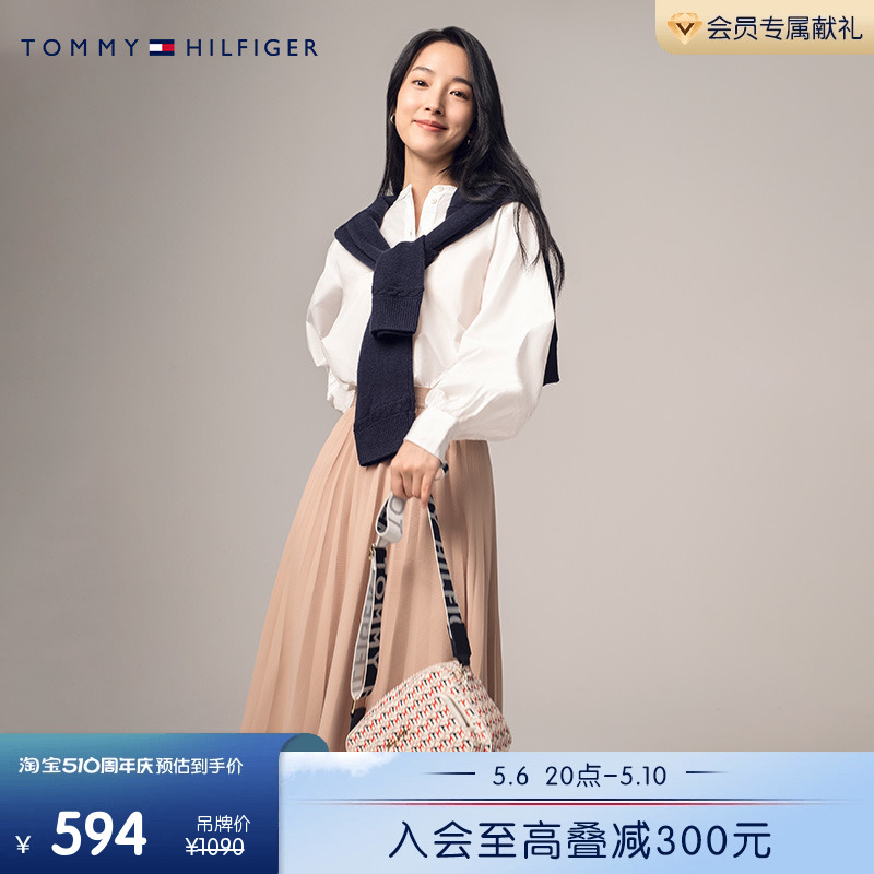 Tommy 女装休闲纯棉透气镂空灯笼袖半开襟宽松衬衫WW0WW34120