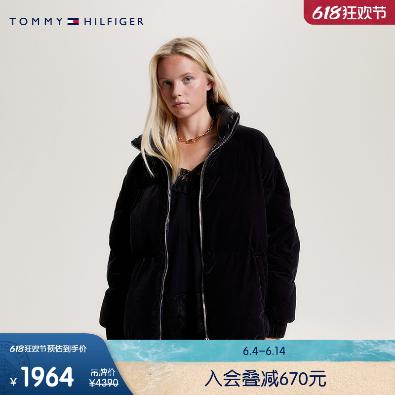 Tommy 女休闲丝绒立领圆章刺绣宽松保暖短面包羽绒服外套40242