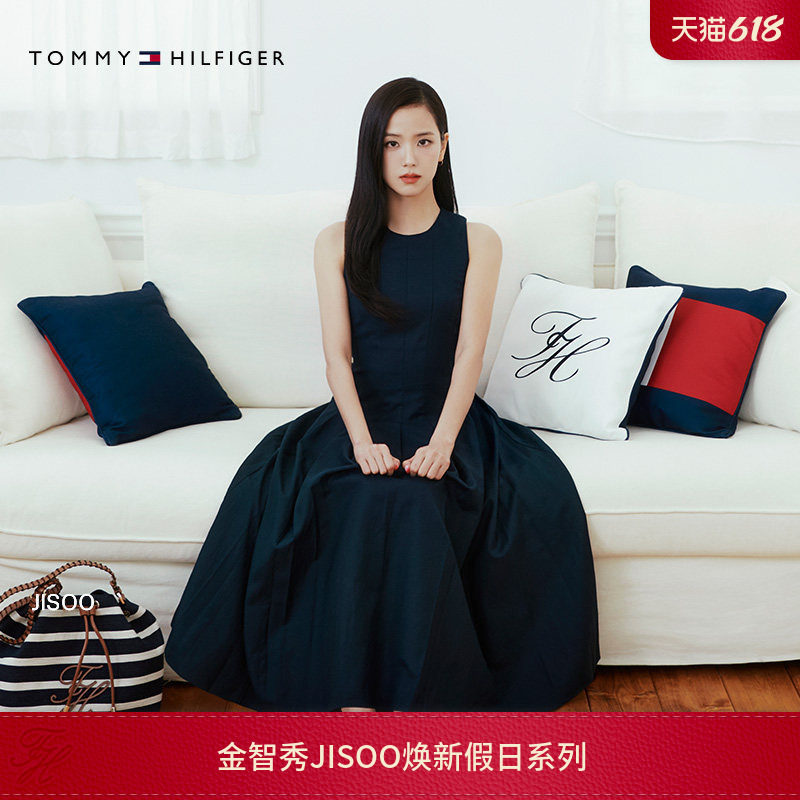 【金智秀同款】Tommy26春夏女亚麻混纺金属扣修身显瘦无袖连衣裙