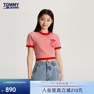 24新款 春夏女装 复古短款 17729 Tommy 徽章提花撞色圆领短袖 针织衫