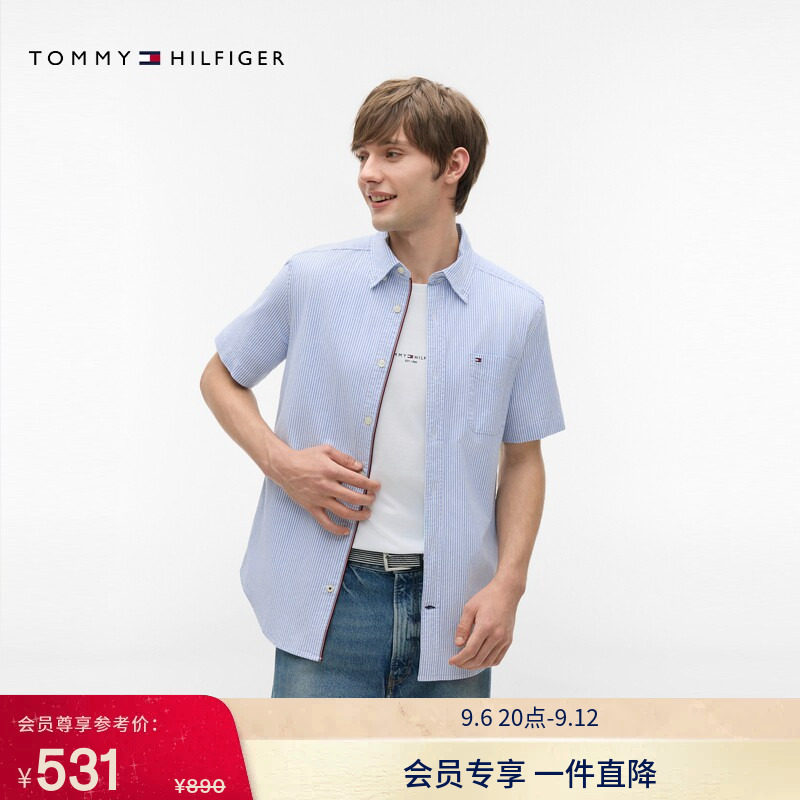 Tommy男装简约贴袋条纹合身衬衫图片