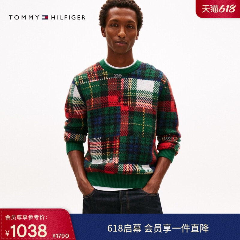 Tommy26春夏新款男装羊毛混纺拼色格纹厚实圆领少年感针织衫毛衣