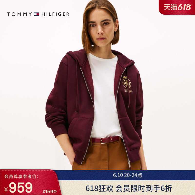 Tommy秋冬女装纯棉美式复古休闲运动风徽章刺绣连帽卫衣开衫外套