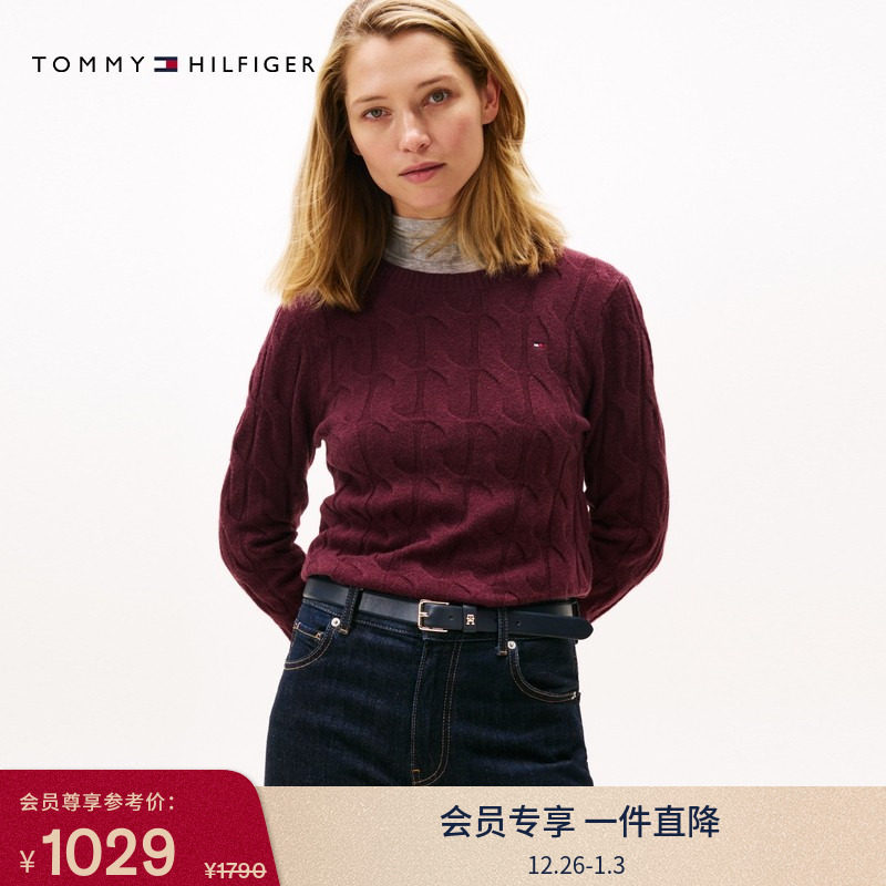 【纯羊毛】Tommy25秋冬新款女粗绞花休闲圆领针织麻花羊毛衫毛衣