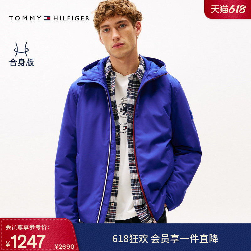 Tommy秋冬男装商务户外潮流休闲通勤撞色门襟连帽棉服夹克外套