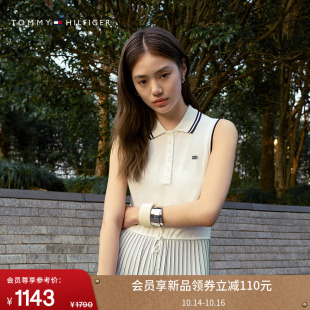 Tommy25春夏新款 百褶 女气质度假收腰镶边长裙POLO连衣裙 无袖