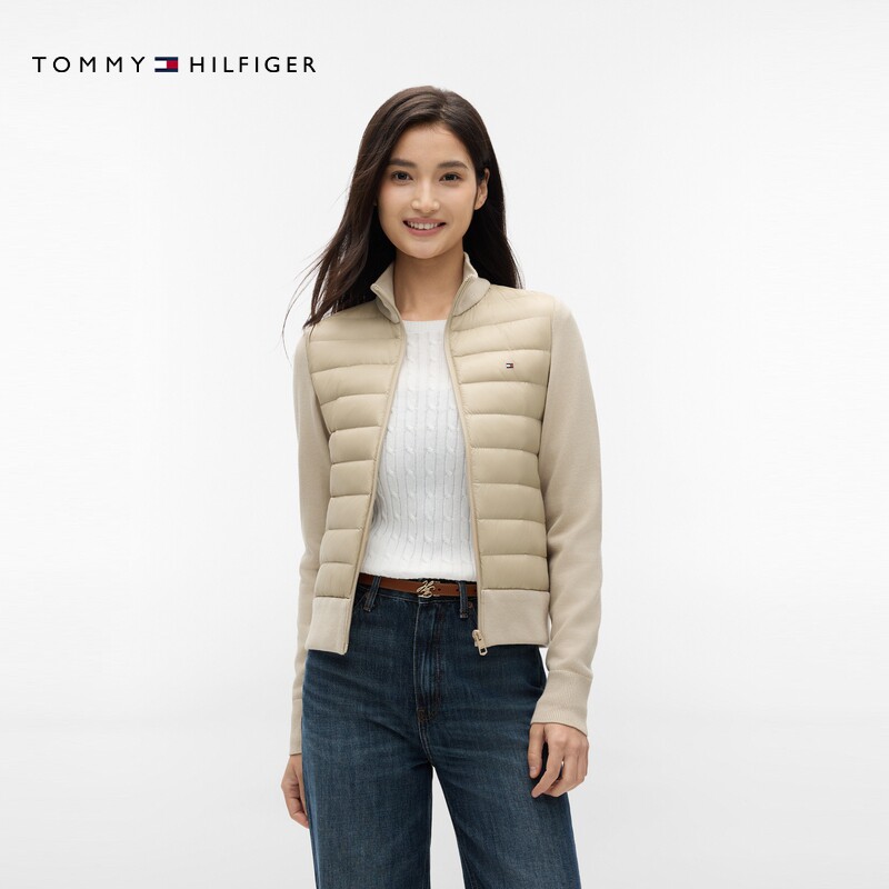 Tommy26秋冬女装针织拼接休闲轻薄90绒排骨绗缝正肩羽绒夹克外套
