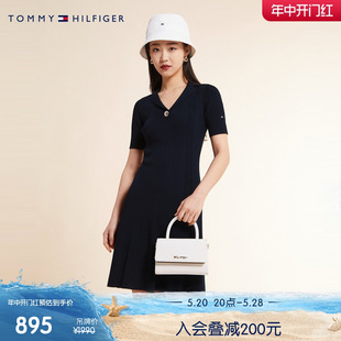 Tommy 显瘦针织连衣裙WW0WW37948 通勤气质优雅纽扣V领A字修身 女装