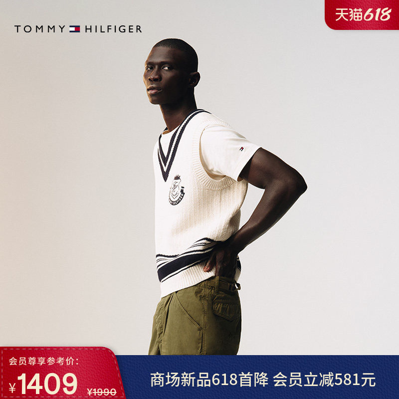 Tommy26春夏新款男装美式学院风徽章刺绣撞色V领宽松针织衫背心