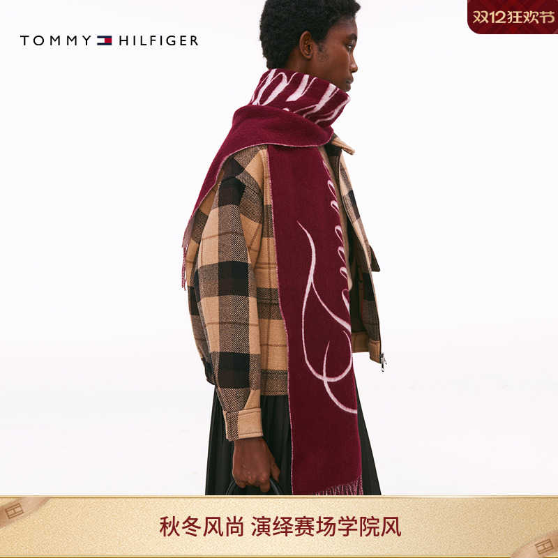 Tommy女装字母提花流苏羊毛围巾