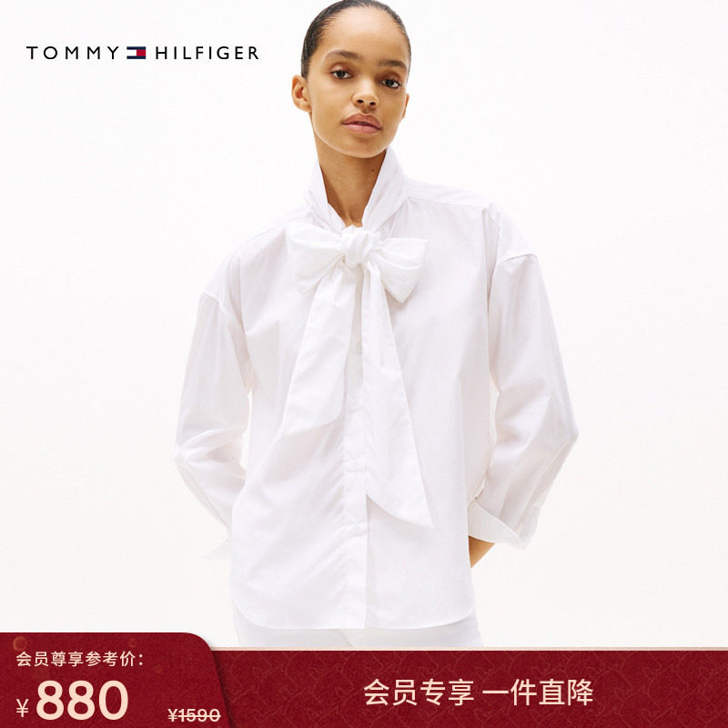 Tommy25春夏新款女装气质休闲优雅纯棉蝴蝶结领宽松白色长袖衬衫