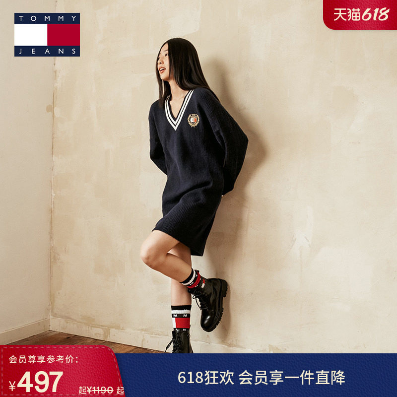 【撞色V领】Tommy秋冬女美式学院风复古休闲刺绣肌理针织衫连衣裙