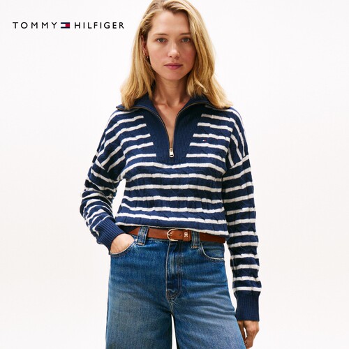 Tommy女装半拉链高领绞花毛衣