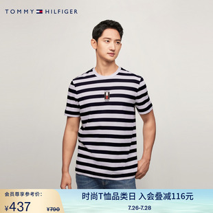 男纯棉平纹针织休闲通勤刺绣条纹圆领内搭短袖 Tommy夏季 T恤37262