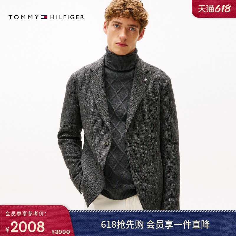 Tommy秋冬男装羊毛混纺商务绅士风休闲人字纹翻领西服西装外套
