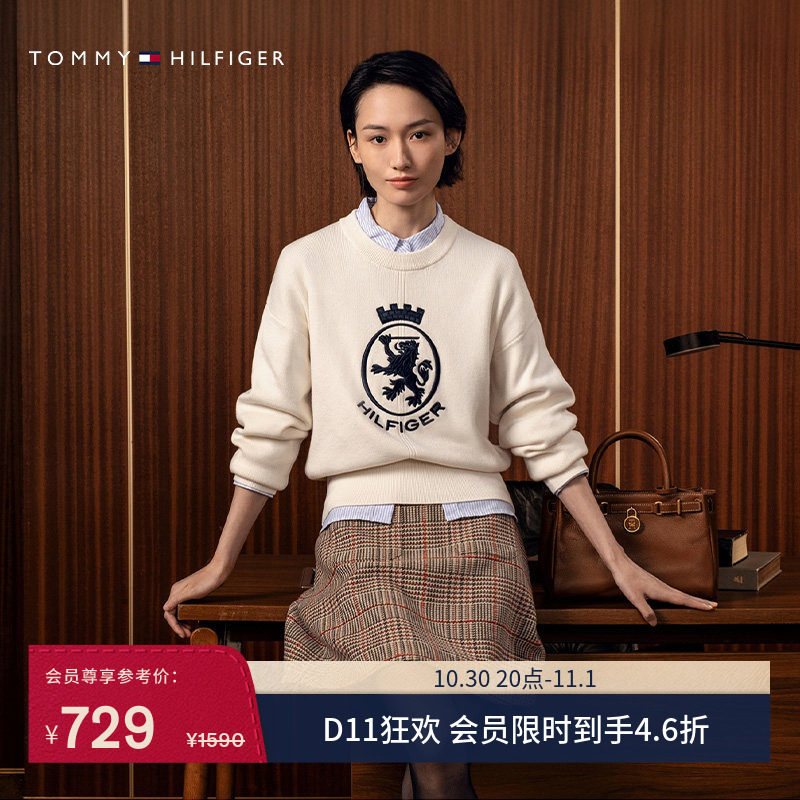 Tommy秋冬女装休闲优雅条纹肩扣内搭针织衫/徽章刺绣宽松圆领毛衣