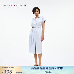 亞麻休閑純色系帶收腰寬松襯衫 Tommy25新款 夏季 女裝 裙連衣裙44653