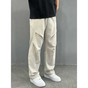 Three333美式速干直筒裤子男款夏季纯色褶皱休闲薄款长裤子