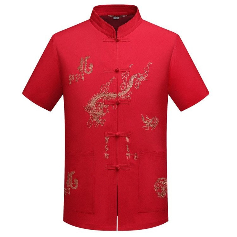 中国风男装夏季薄款短袖唐装中老年刺绣中式立领衬衫演出服爷爷装图片