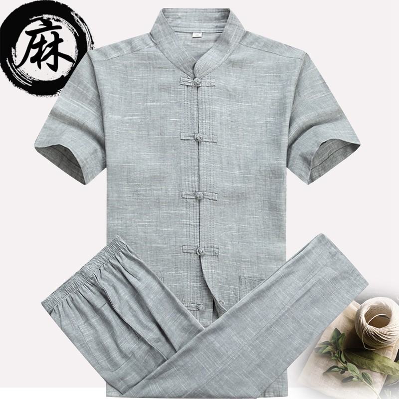 夏季唐装男短袖套装中老年人爷爷装夏装爸爸棉麻衣服老人亚麻汉服