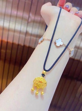 黄金包银首饰平安锁头项链宝宝男女黄金色小金锁编绳吊坠送礼物