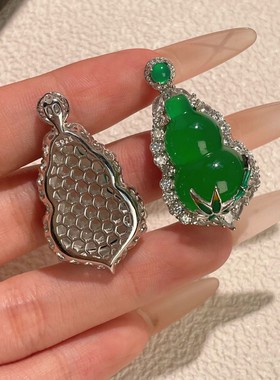 s925纯银新款天然高冰种绿玉髓葫芦竹叶吊坠翡翠帝王绿色福禄挂坠