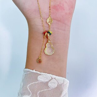 s925纯银镀黄金色新款白玉髓福禄葫芦吊坠项链国潮福字女锁骨链子