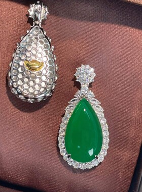 S925纯银首饰天然高冰绿玉髓水滴形银镶玉翡翠帝王绿色吊坠蛋面女