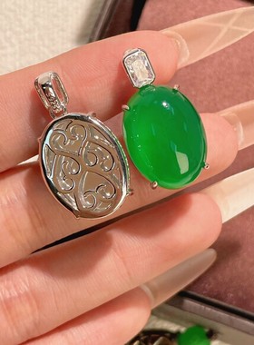 s925纯银天然高冰种绿玉髓鸽子蛋项链翡翠帝王绿色吊坠颈饰挂坠女
